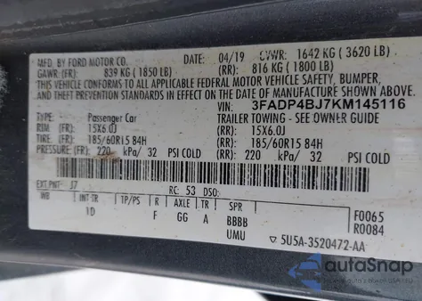2019 Ford Fiesta Se z USA, uszkodzony, nr VIN 3FADP4BJ7KM145116